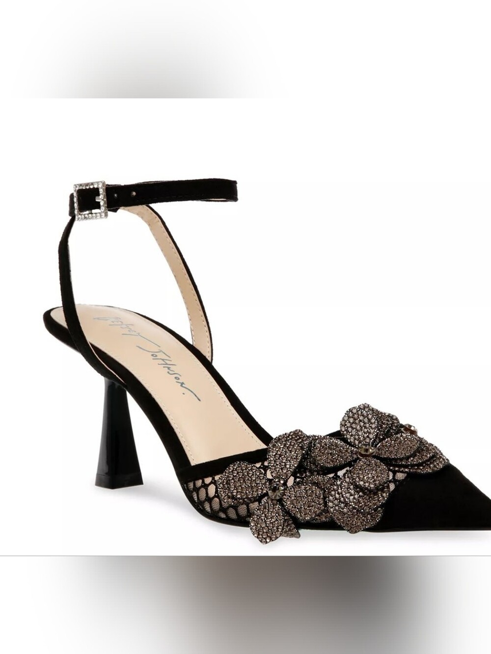 Betsey Johnson Black Pointed-Toe Ankle-Strap Heels with Crystal Floral Appliqués